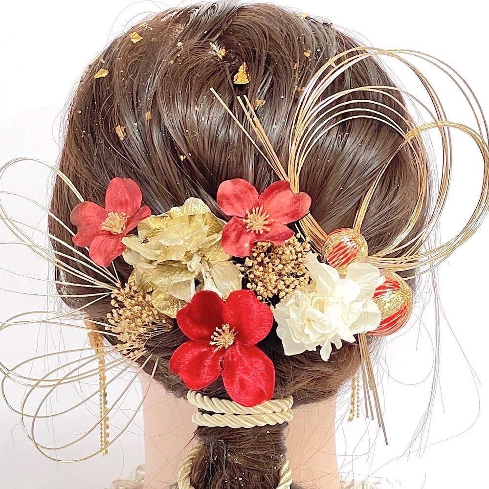 髪飾り レッド&ゴールド 成人式髪飾り 水引き髪飾り 卒業式 成人式 袴