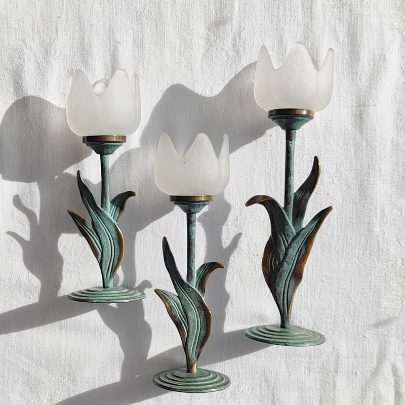 ピンクガラスキャンドルホルダー チューリップ ヴィンテージ フラワー