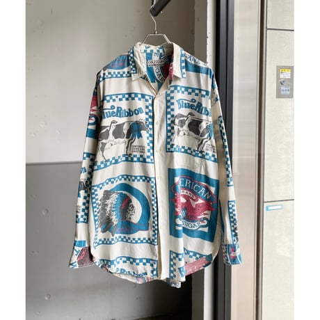 1980's〜 "COLISSEUM"  Feed sack printed long sleeve shirt