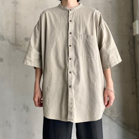 1990's "VAN HEUSEN" Linen × Cotton oversized band-collar shirt