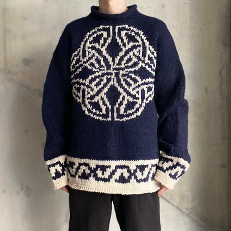 1990's ECUADOR made Celtic art design roll necked wool knit sweater