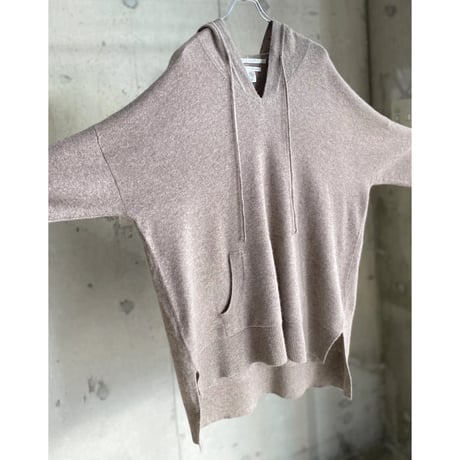 Cashmere fabric finger sleeves hooded knit sweater
