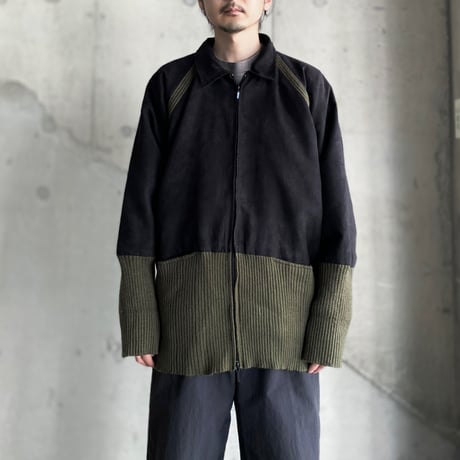 2000's Micro suede poly × Rib knit switching design full zip jacket