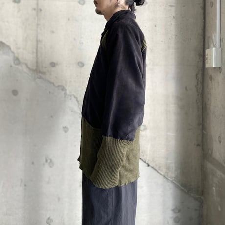 2000's Micro suede poly × Rib knit switching design full zip jacket