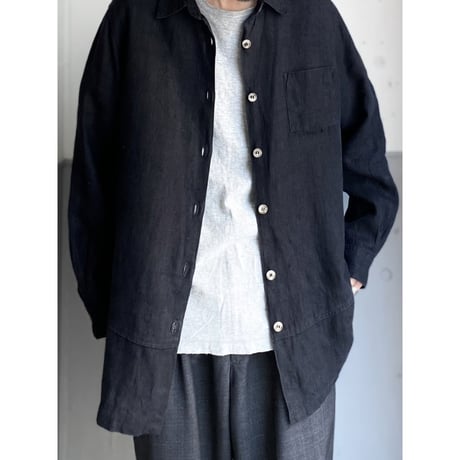 1980's "harvé benard" Black linen fabric long sleeve shirt