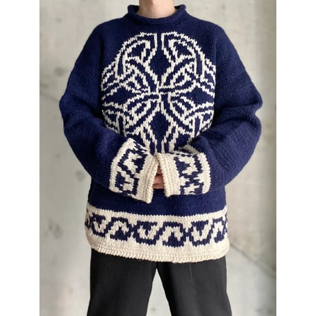 1990's ECUADOR made Celtic art design roll necked wool knit sweater