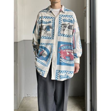 1980's〜 "COLISSEUM"  Feed sack printed long sleeve shirt