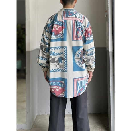 1980's〜 "COLISSEUM"  Feed sack printed long sleeve shirt