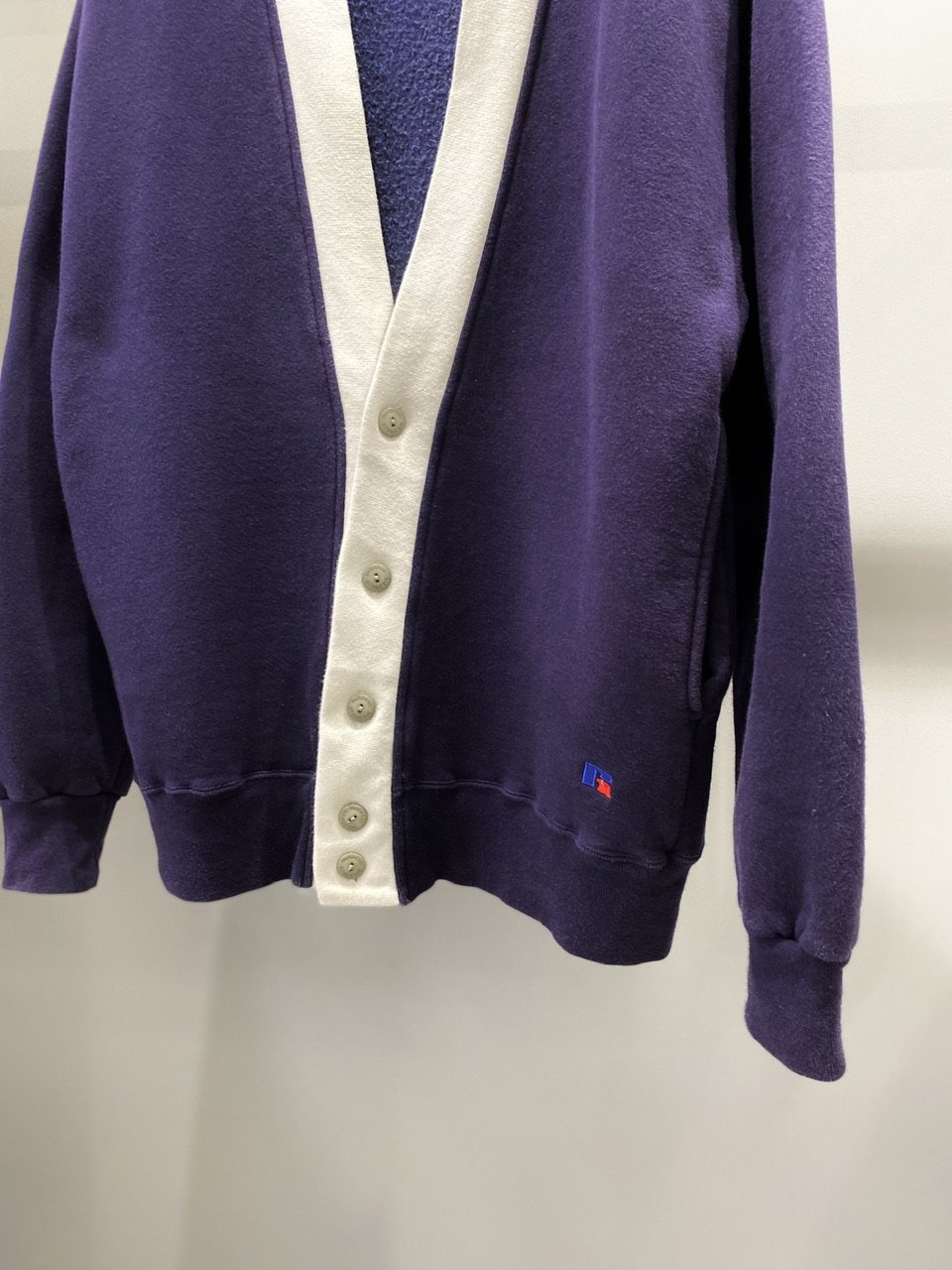 ⭐️USA製90s⭐️ラッセル コットンカーディガン 紫 L XL ポケット付きレア ⭐️USA製90s⭐️ラッセル コットンカーディガン 紫 L XL