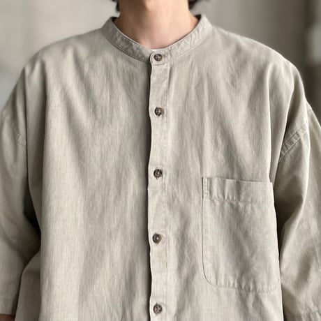 1990's "VAN HEUSEN" Linen × Cotton oversized band-collar shirt