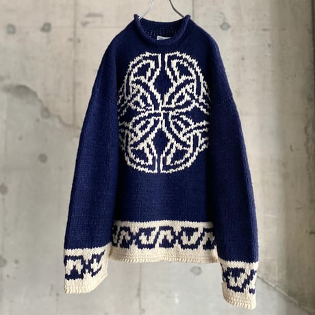 1990's ECUADOR made Celtic art design roll necked wool knit sweater