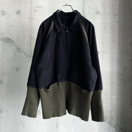 2000's Micro suede poly × Rib knit switching design full zip jacket