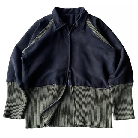 2000's Micro suede poly × Rib knit switching design full zip jacket
