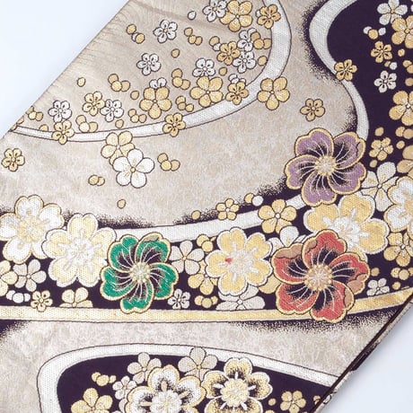 【レンタル】本袋帯 深紫地 金彩 花 流麗 竜田川文 商品番号:O-2021-0015
