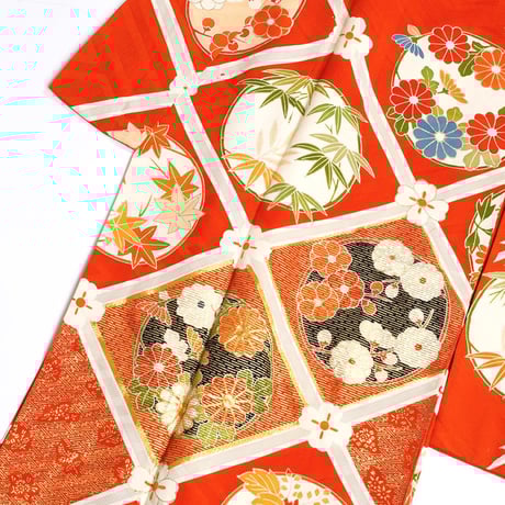 【レンタル】正絹 振袖 友禅 金彩 菱取り 花丸文 商品番号:F-2021-0006