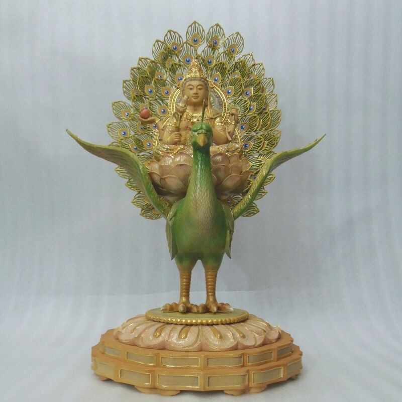 仏像☆桧材 淡彩色 孔雀明王像5寸☆病魔退散 高さ:約65cm | お仏壇・お