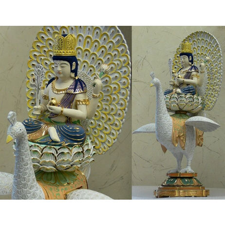 最強魔除け仏像★柘植 孔雀明王像3寸 極彩色 錐金眼入★病魔退散 original