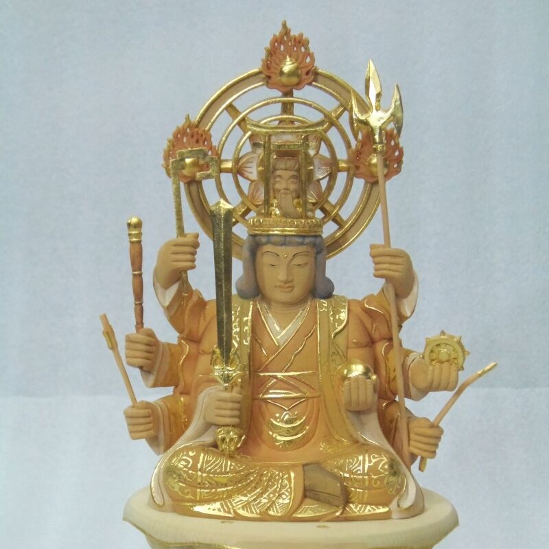 仏像◇ヒバ材 淡彩色 八臂弁才天(弁財天)3寸立◇弁天さん 高さ：約28cm