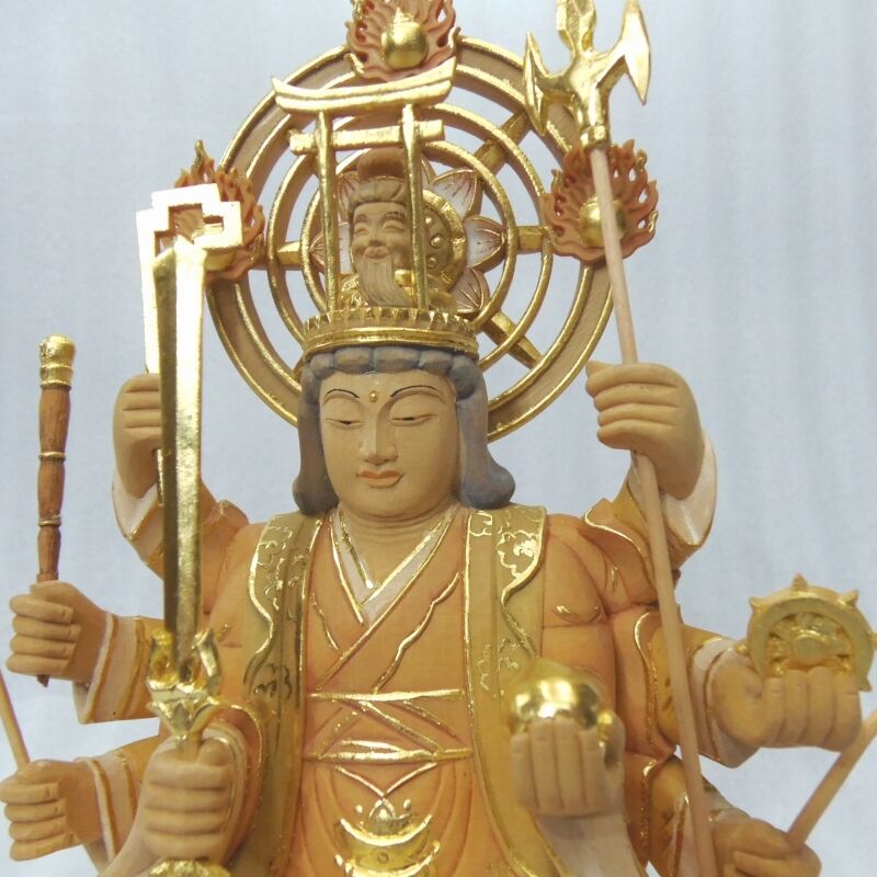 仏像◇ヒバ材 淡彩色 八臂弁才天(弁財天)3寸立◇弁天さん 高さ：約28cm