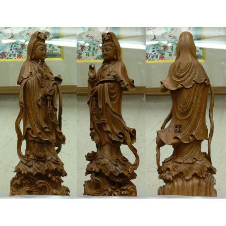 白檀製 観音菩薩像·狛犬展示品 仏像☆白檀 観音菩薩像 紫檀ケース付☆約38cm(観自在) | お仏壇・お墓