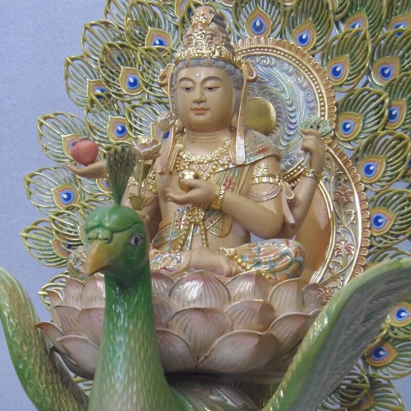 仏像☆桧材 淡彩色 孔雀明王像5寸☆病魔退散 高さ:約65cm | お仏壇・お