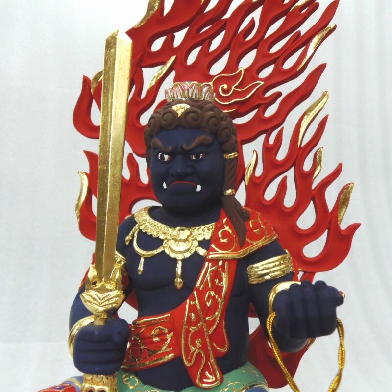仏像☆桧材 極彩色 不動明王半跏像3.5寸☆お不動さん 高さ：約35cm