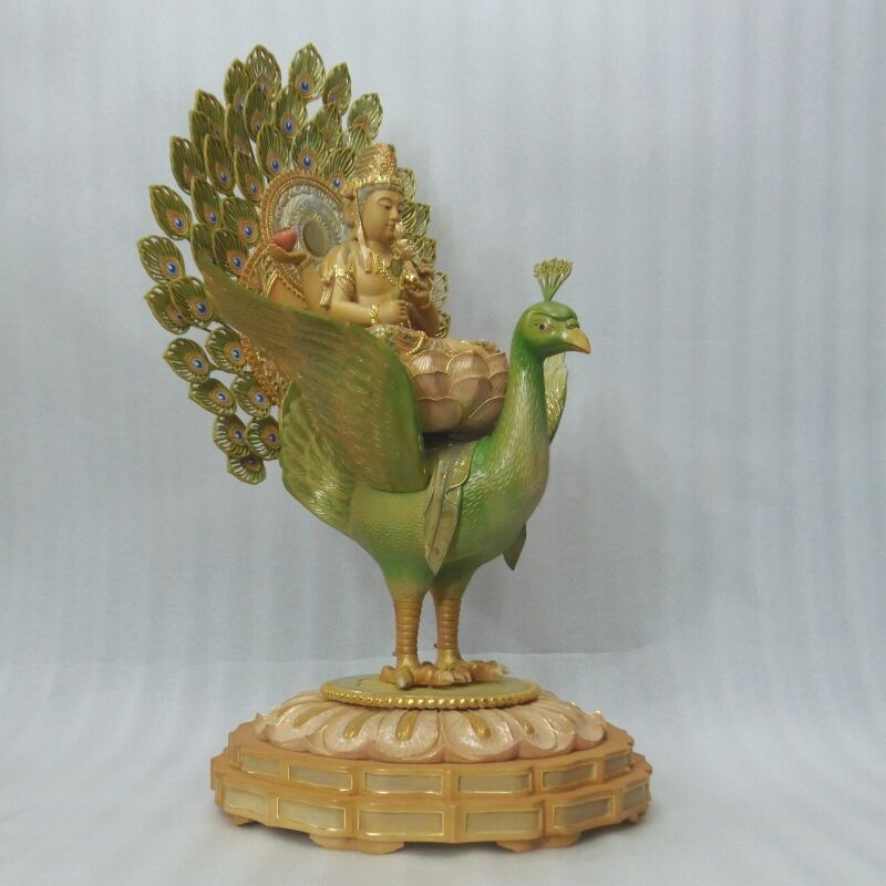 仏像☆桧材 淡彩色 孔雀明王像5寸☆病魔退散 高さ:約65cm | お仏壇・お