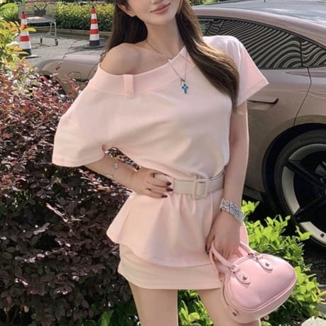Belted Satin Off Shoulder Set 2色
