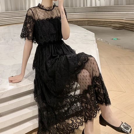 elegant lace 半袖 ワンピ 2色