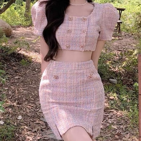 pink tweed 半袖セットアップ