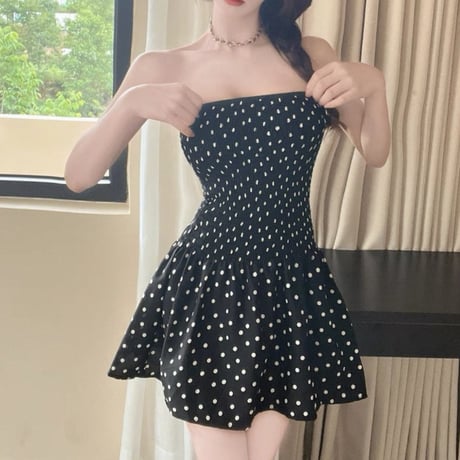 Dot Shirring Tube Dress