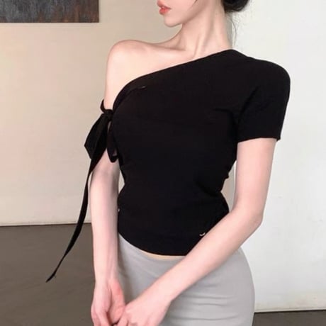 One shoulder ribbon tops 2色