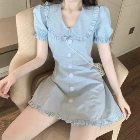 丸襟Blue半袖ワンピ