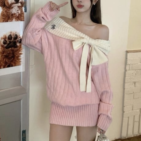 Off Shoulder Ribbon Knit Dress 2色