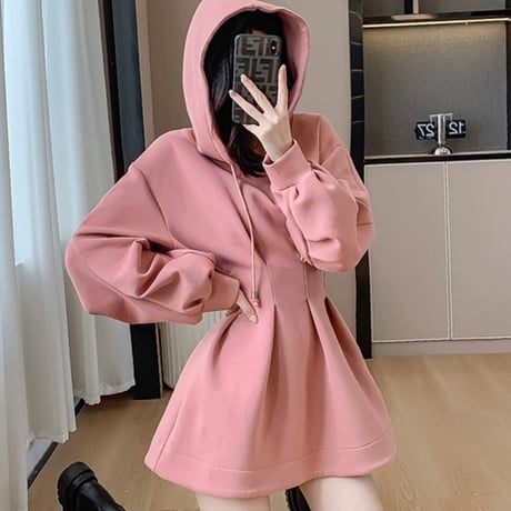 pink フード付き スウェットワンピ