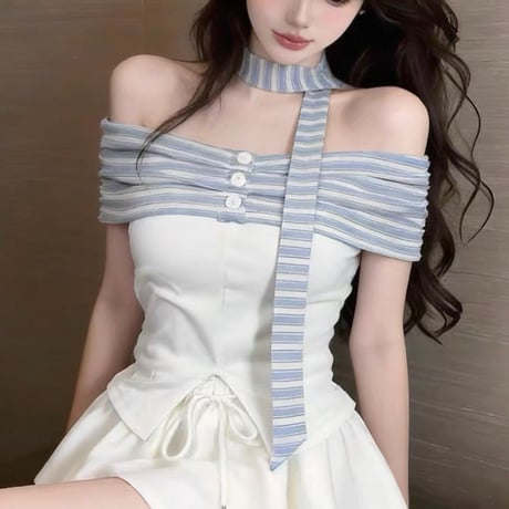 Stripe Tie Off-Shoulder Top 2色