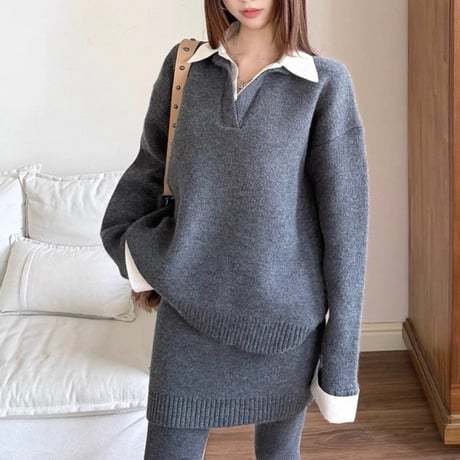 Collar Loose Knit Set Up 2色