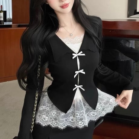 Ribbon Lace Layered Knit Top 5色