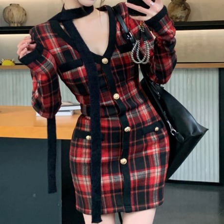 red×black チェックタイトワンピ
