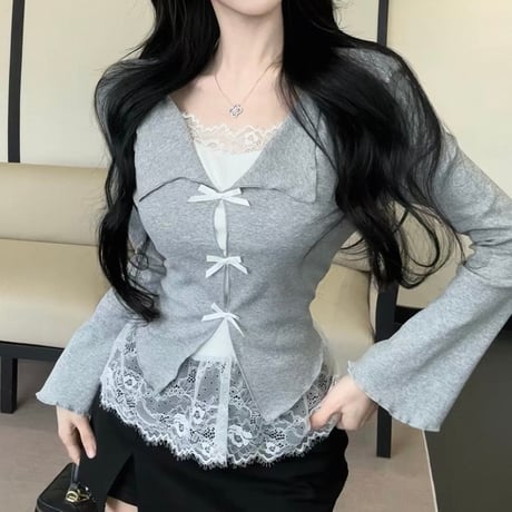Ribbon Lace Layered Knit Top 5色