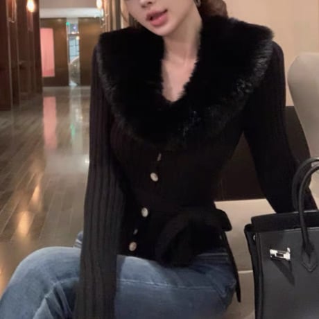 Faux Fur Belted Knit 2色