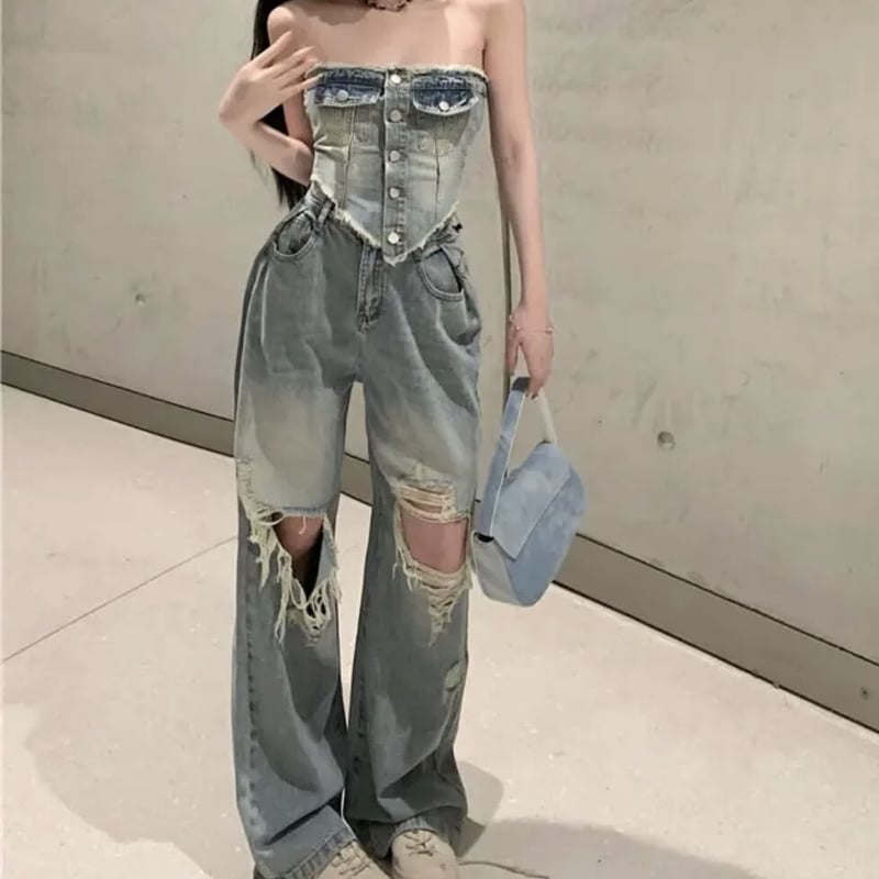 未使用に近い　ハナエモリ　美しいレースデザインのデニムセットアップ　38 ラメ混 未使用に近い ハナエモリ 美しいレースデザインのデニム