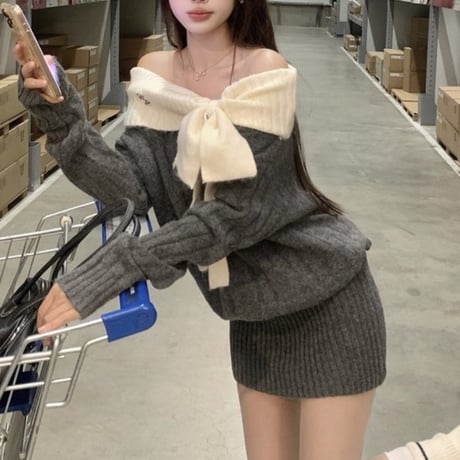 Off Shoulder Ribbon Knit Dress 2色