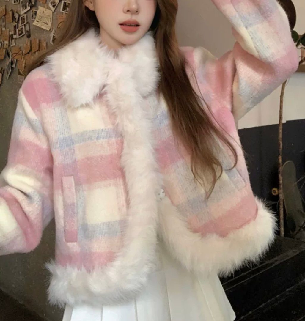 ピンクチェックファーコート | ecrea