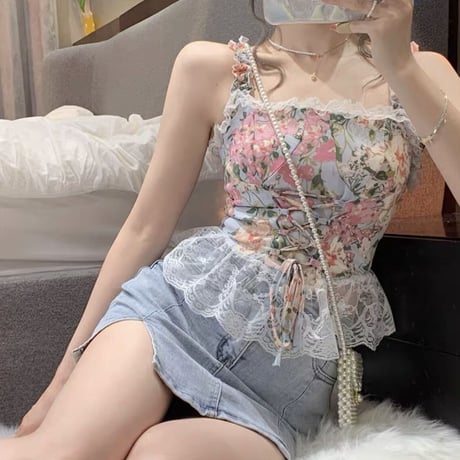 flower lace レースアップtops