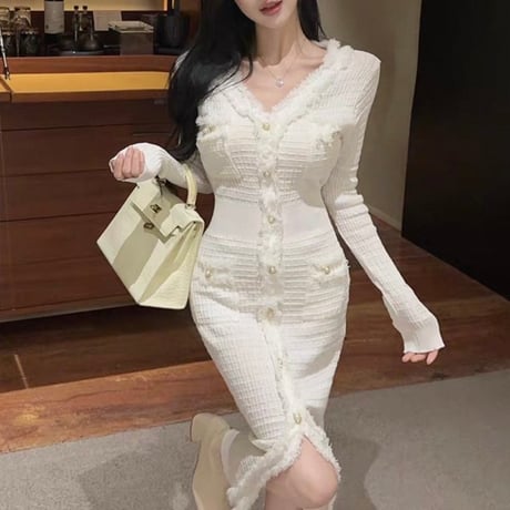 Elegant Tweed Knit Dress 4色