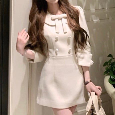 Ribbon Collar Double Button Dress