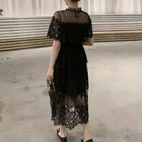 elegant lace 半袖 ワンピ 2色