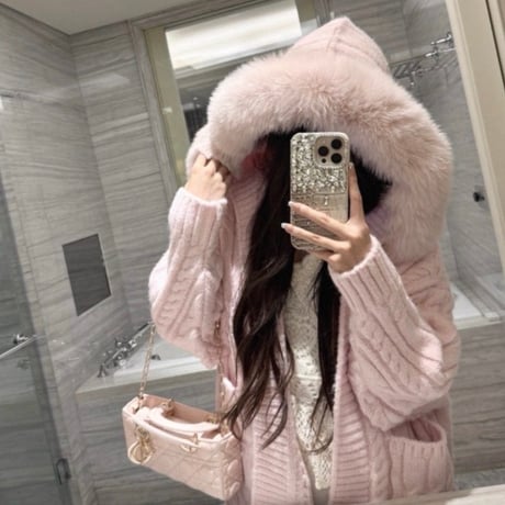 Fur Hood Long Knit Coat