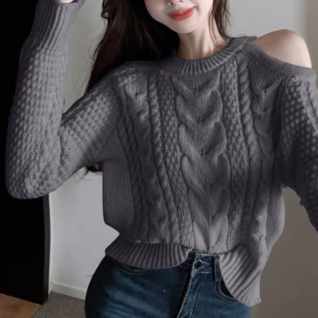shoulder open knit tops 3色